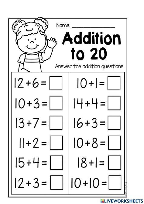 Addition to 20 Worksheet .